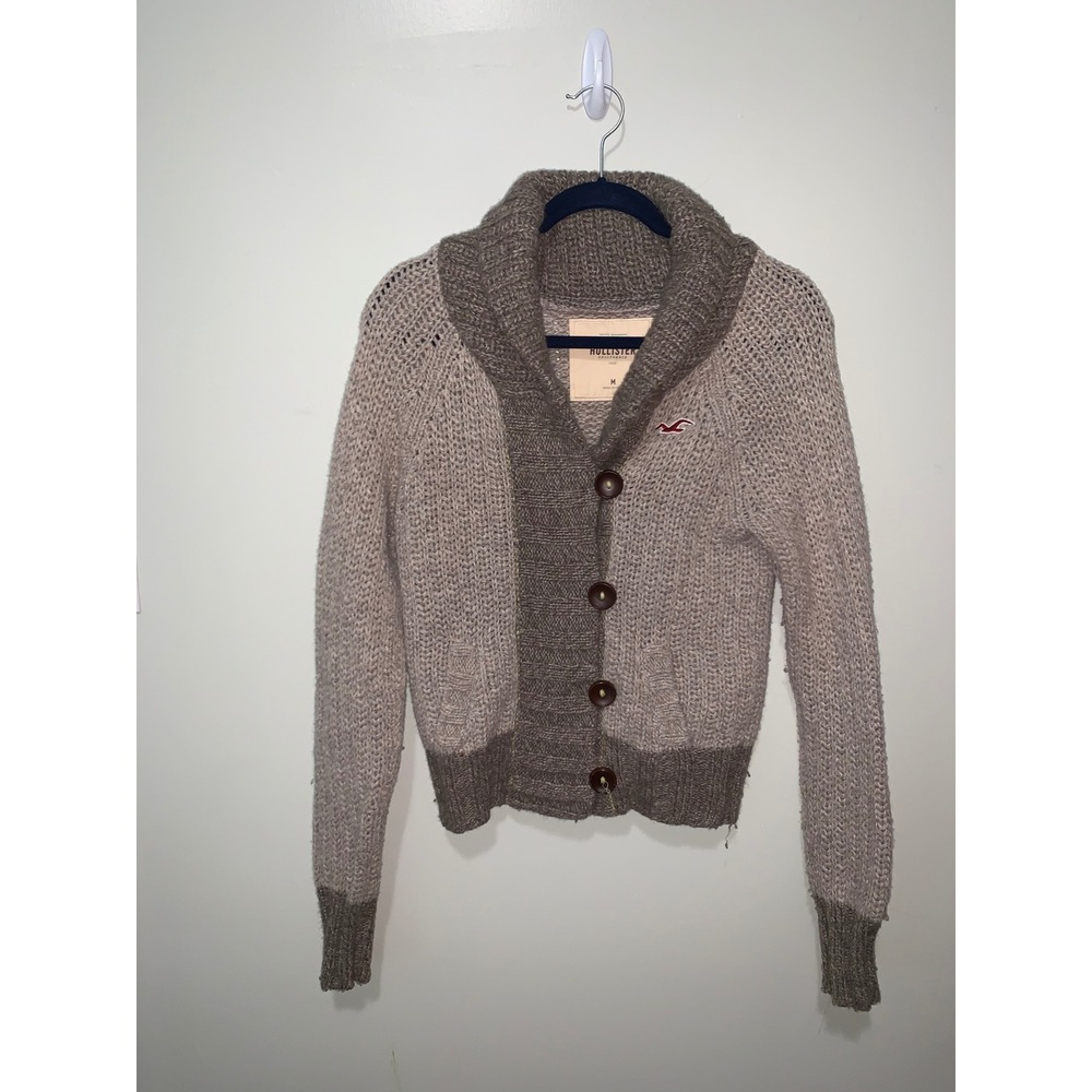Hollister Vintage Women Shawl Collar Cardigan Sweater Brown Tan Chunky Knit Sz M